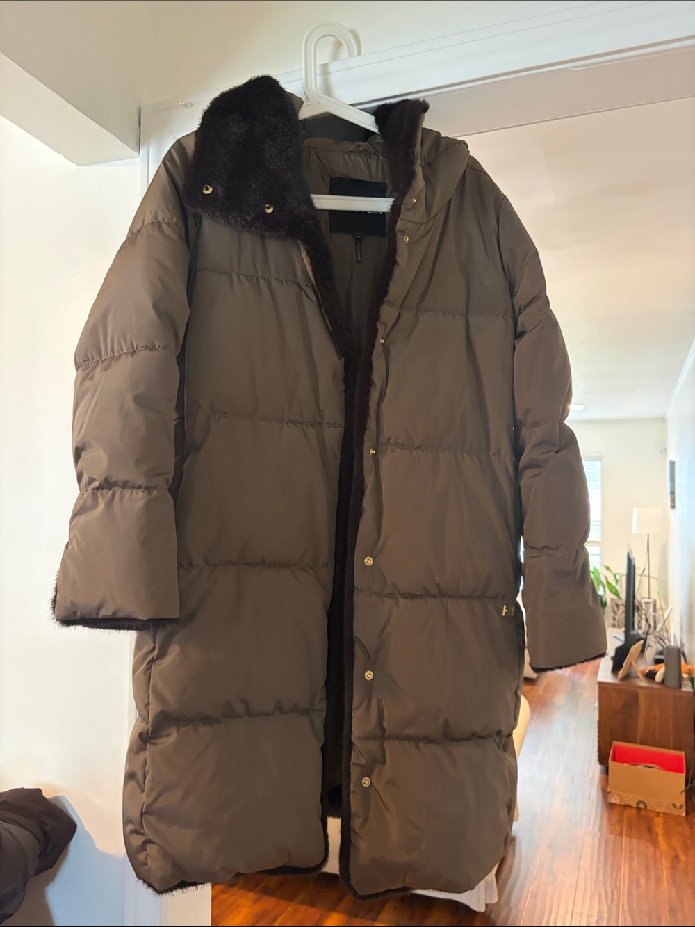 Halston Heritage Long Hooded Puffer Coat in Dark Brown with Fur Trim